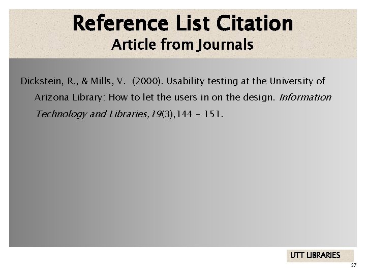 Reference List Citation Article from Journals Dickstein, R. , & Mills, V. (2000). Usability