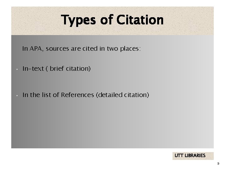 Types of Citation In APA, sources are cited in two places: • In-text (