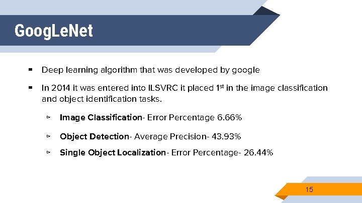 Goog. Le. Net ▰ Deep learning algorithm that was developed by google ▰ In Goog. Le. Net ▰ Deep learning algorithm that was developed by google ▰ In