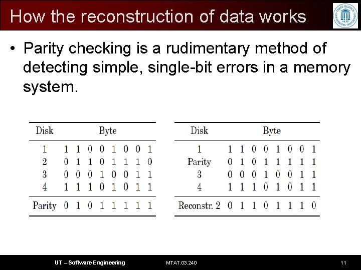 How the reconstruction of data works • Parity checking is a rudimentary method of