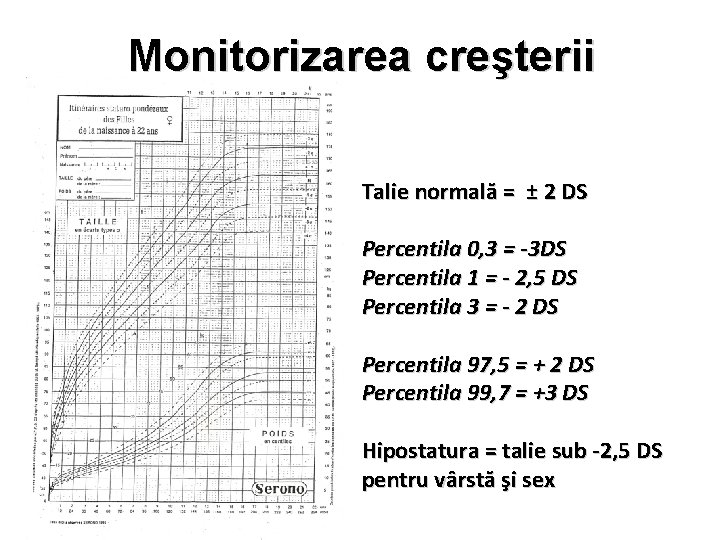 Monitorizarea creşterii Talie normală = ± 2 DS Percentila 0, 3 = -3 DS