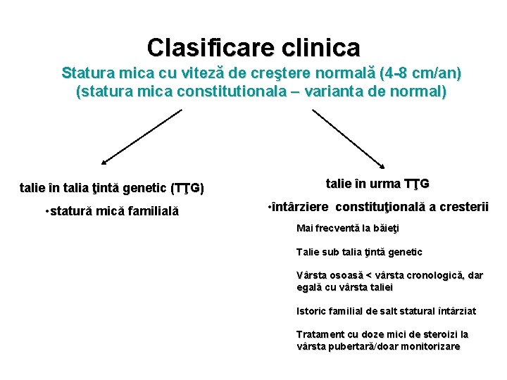 Clasificare clinica Statura mica cu viteză de creştere normală (4 -8 cm/an) (statura mica