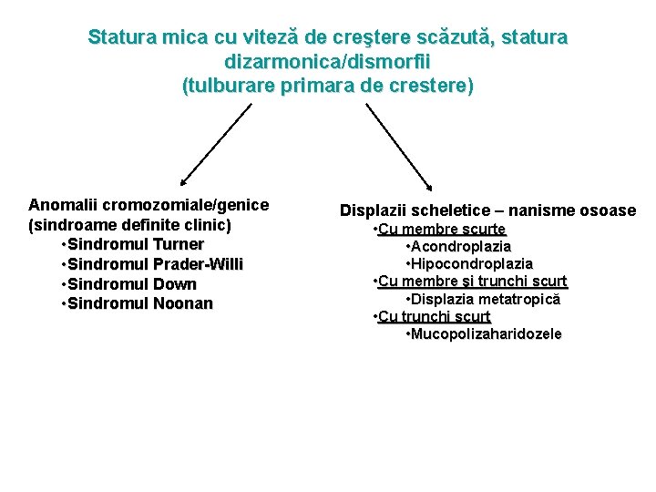 Statura mica cu viteză de creştere scăzută, statura dizarmonica/dismorfii (tulburare primara de crestere) Anomalii