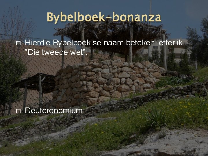 Bybelboek-bonanza � Hierdie Bybelboek se naam beteken letterlik “Die tweede wet”. � Deuteronomium 