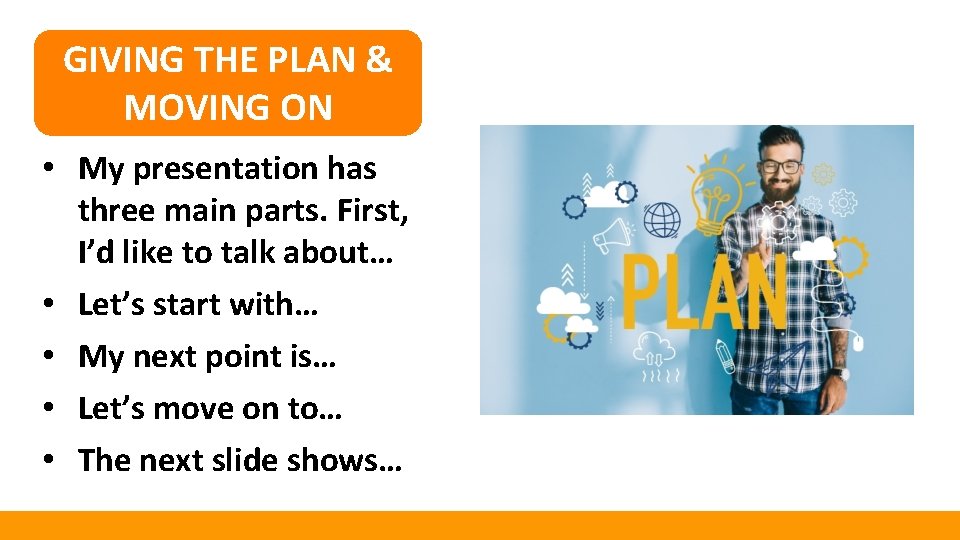 GIVING THE PLAN & MOVING ON • My presentation has three main parts. First,