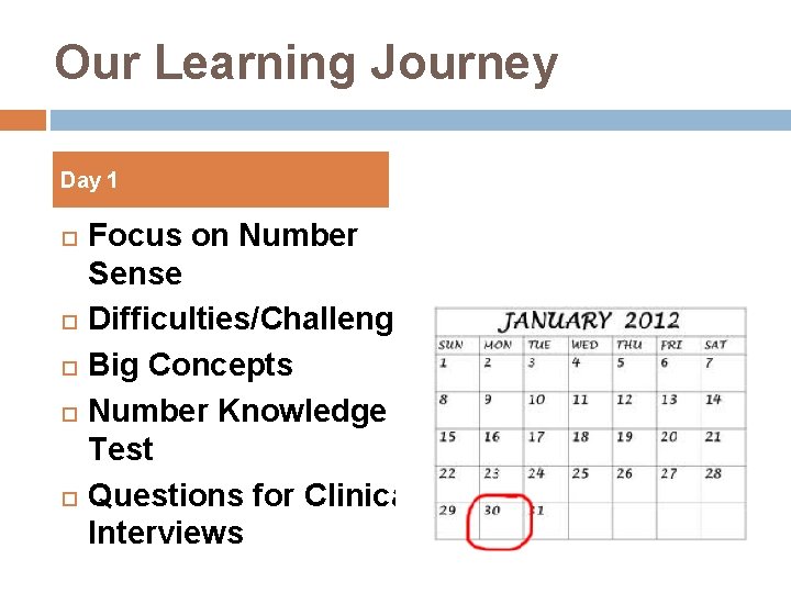 Our Learning Journey Day 1 Focus on Number Sense Difficulties/Challenges Big Concepts Number Knowledge