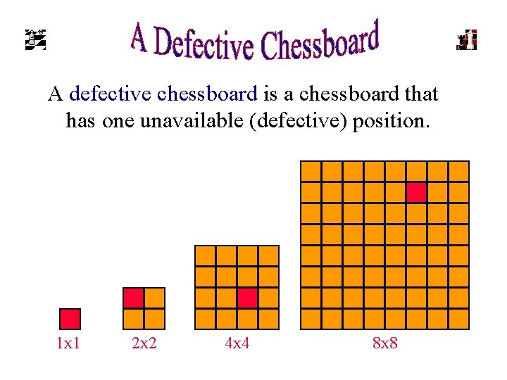 A defective chessboard is a chessboard that has one unavailable (defective) position. 1 x