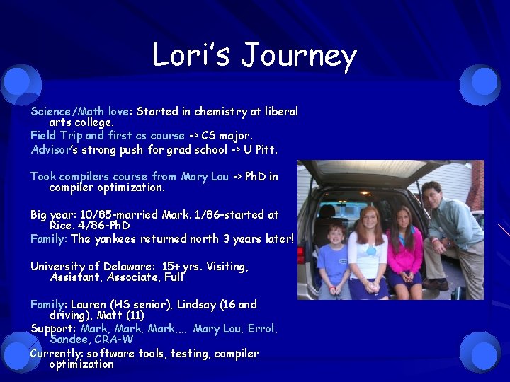 Lori’s Journey Science/Math love: Started in chemistry at liberal arts college. Field Trip and