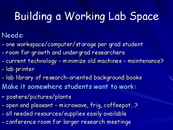 Building a Working Lab Space Needs: - one workspace/computer/storage per grad student - room