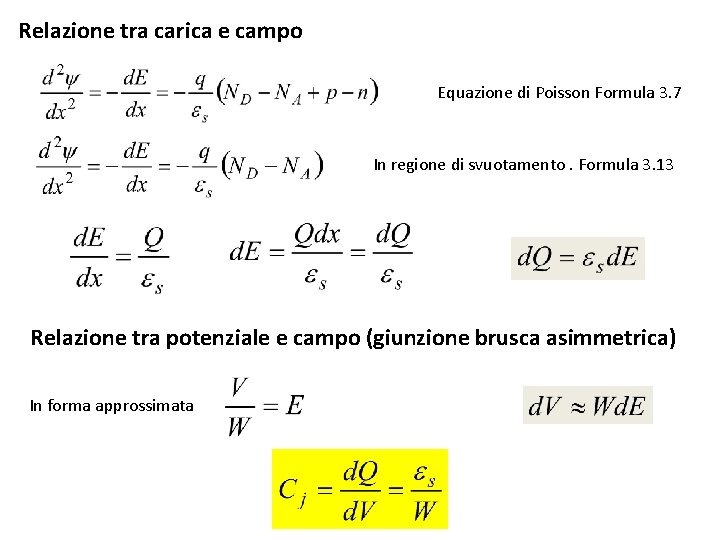 Relazione tra carica e campo Equazione di Poisson Formula 3. 7 In regione di