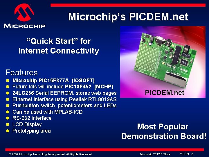 Microchip’s PICDEM. net “Quick Start” for Internet Connectivity Features l l l l l