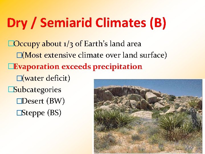 Dry / Semiarid Climates (B) �Occupy about 1/3 of Earth’s land area �(Most extensive