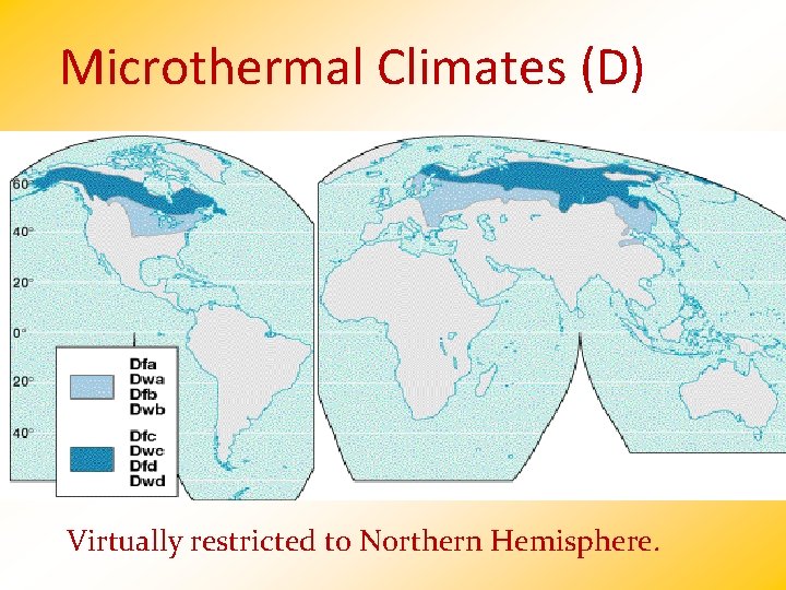 Microthermal Climates (D) Virtually restricted to Northern Hemisphere. 