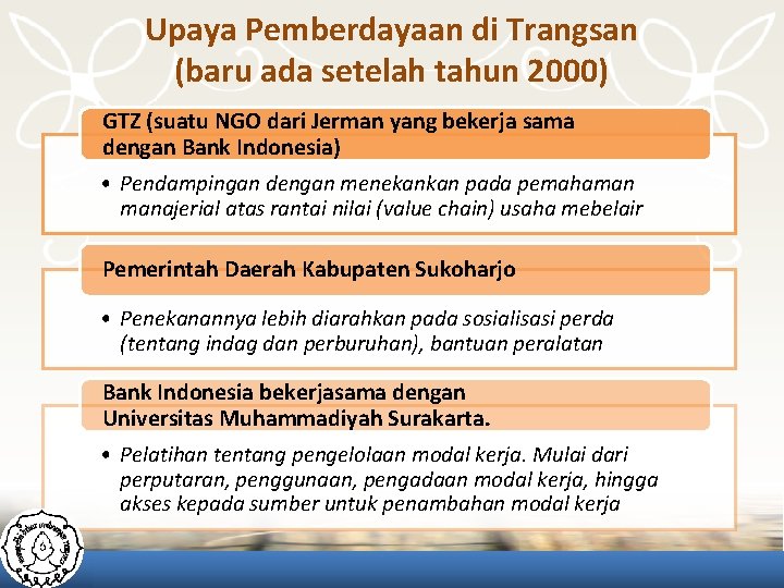 Upaya Pemberdayaan di Trangsan (baru ada setelah tahun 2000) GTZ (suatu NGO dari Jerman