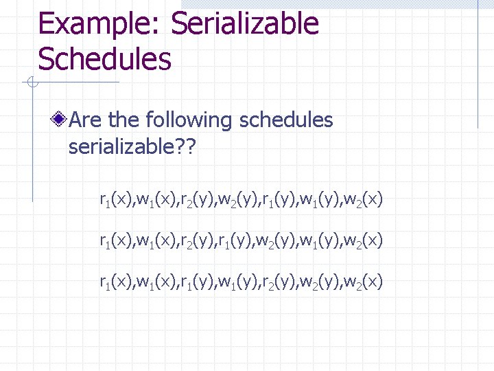 Example: Serializable Schedules Are the following schedules serializable? ? r 1(x), w 1(x), r