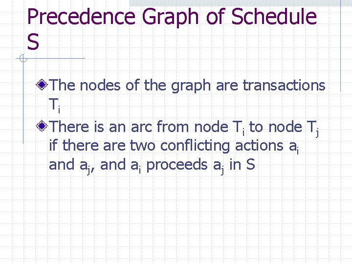 Precedence Graph of Schedule S The nodes of the graph are transactions Ti There