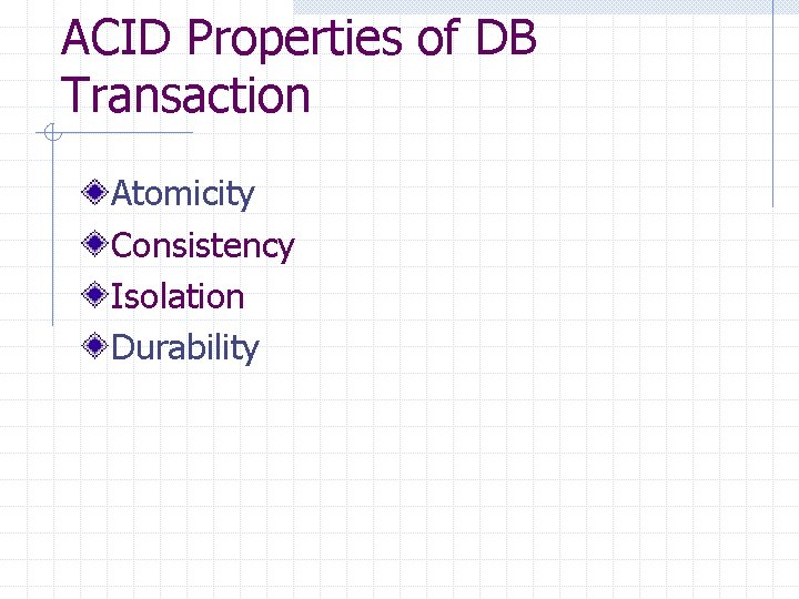 ACID Properties of DB Transaction Atomicity Consistency Isolation Durability 