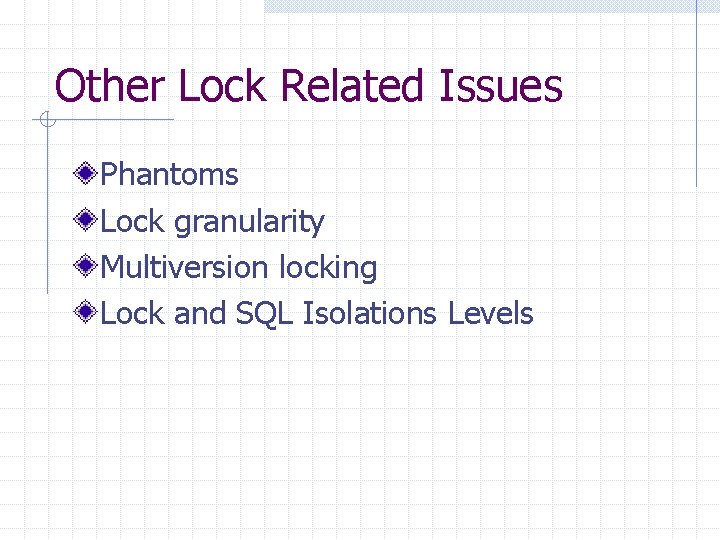 Other Lock Related Issues Phantoms Lock granularity Multiversion locking Lock and SQL Isolations Levels