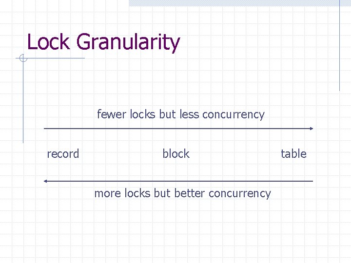 Lock Granularity fewer locks but less concurrency record block more locks but better concurrency