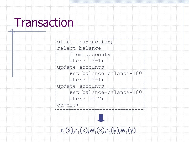 Transaction start transaction; select balance from accounts where id=1; update accounts set balance=balance– 100