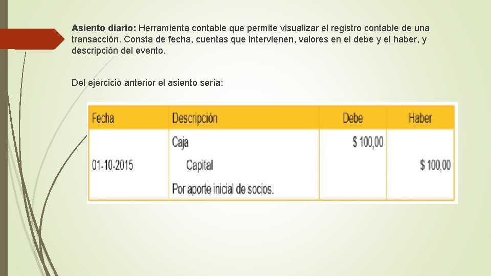 Asiento diario: Herramienta contable que permite visualizar el registro contable de una transacción. Consta