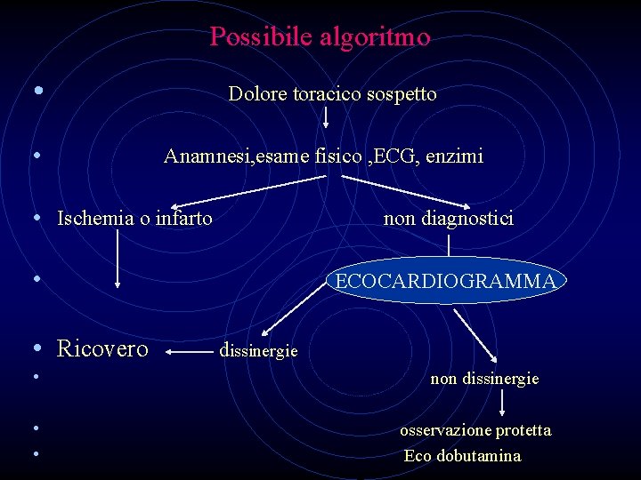 Possibile algoritmo • • Dolore toracico sospetto Anamnesi, esame fisico , ECG, enzimi •