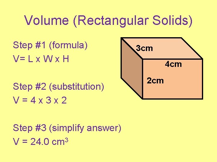 Volume (Rectangular Solids) Step #1 (formula) V= L x W x H Step #2