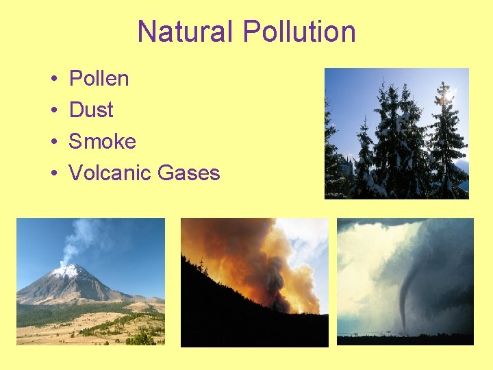 Natural Pollution • • Pollen Dust Smoke Volcanic Gases 