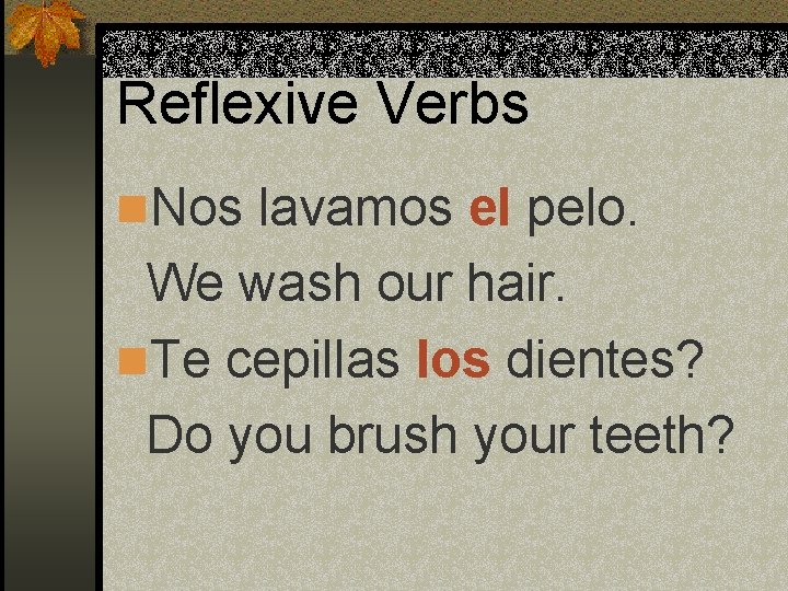 Reflexive Verbs n. Nos lavamos el pelo. We wash our hair. n. Te cepillas