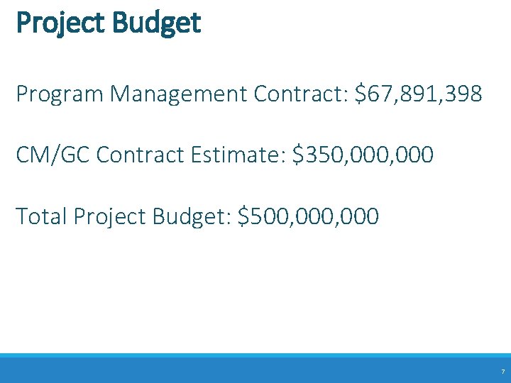 Project Budget Program Management Contract: $67, 891, 398 CM/GC Contract Estimate: $350, 000 Total