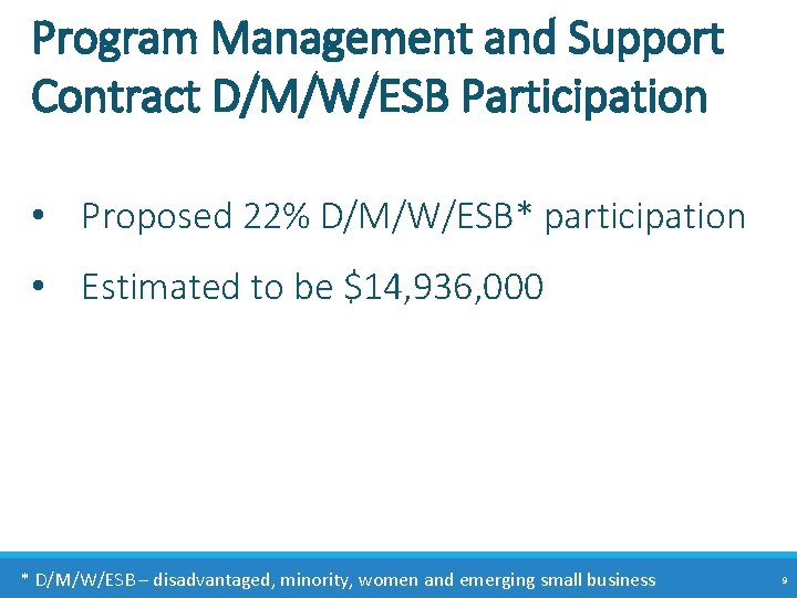 Program Management and Support Contract D/M/W/ESB Participation • Proposed 22% D/M/W/ESB* participation • Estimated