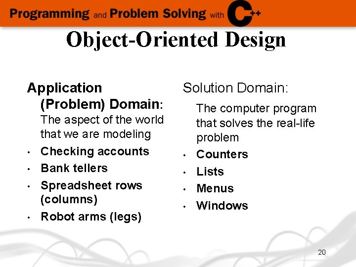 Object-Oriented Design Application (Problem) Domain: • • The aspect of the world that we