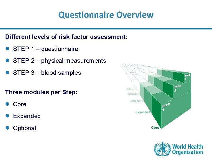Questionnaire Overview Different levels of risk factor assessment: l STEP 1 – questionnaire l