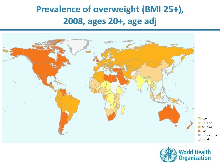 Prevalence of overweight (BMI 25+), 2008, ages 20+, age adj 