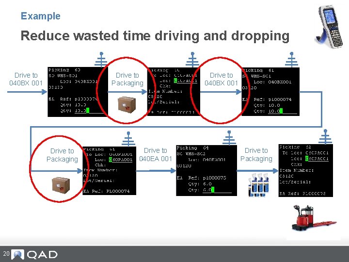 Example Reduce wasted time driving and dropping Drive to 040 BX 001 Drive to