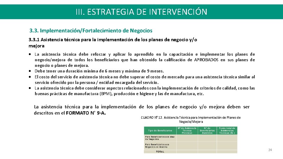 III. ESTRATEGIA DE INTERVENCIÓN 3. 3. Implementación/Fortalecimiento de Negocios 3. 3. 1 Asistencia técnica