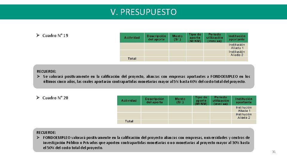 V. PRESUPUESTO Cuadro N° 19 RECUERDE: Se valorará positivamente en la calificación del proyecto,