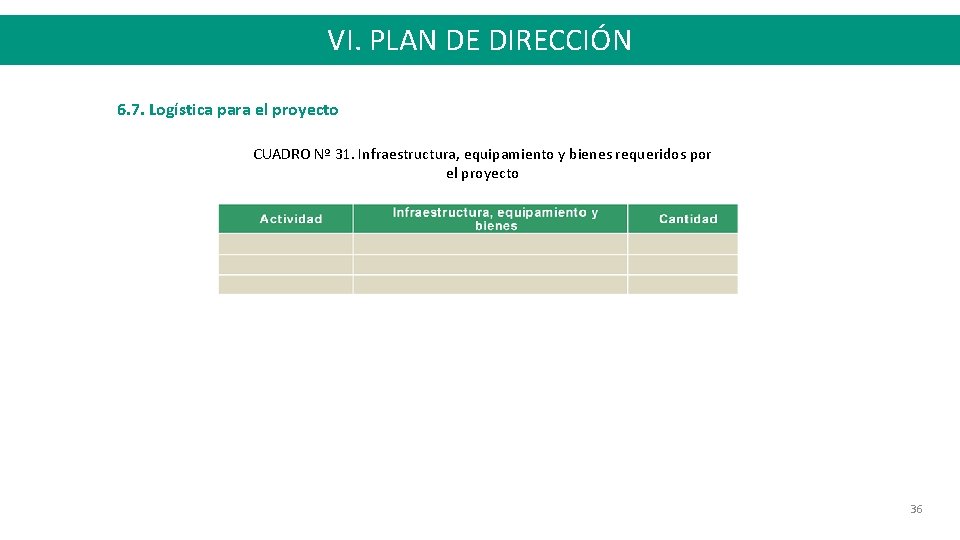 VI. PLAN DE DIRECCIÓN 6. 7. Logística para el proyecto CUADRO Nº 31. Infraestructura,