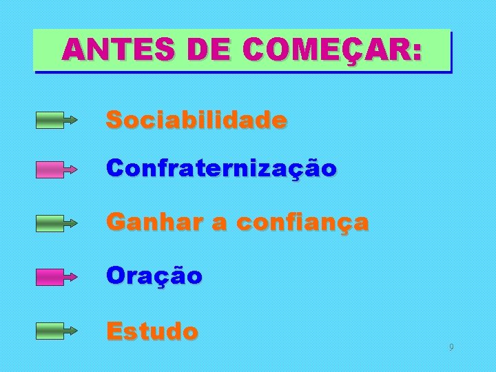 ANTES DE COMEÇAR: Sociabilidade Confraternização Ganhar a confiança Oração Estudo 9 