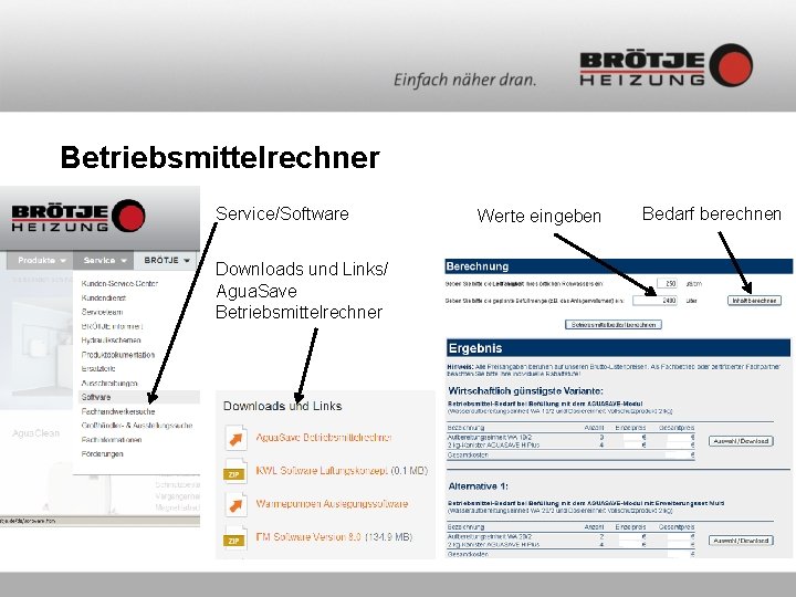 Betriebsmittelrechner Service/Software Downloads und Links/ Agua. Save Betriebsmittelrechner Werte eingeben Bedarf berechnen 