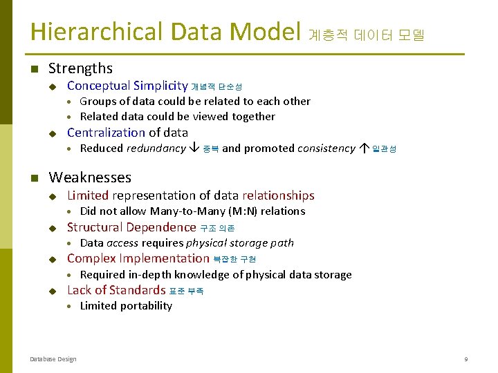 Hierarchical Data Model 계층적 데이터 모델 Strengths u Conceptual Simplicity 개념적 단순성 · · Hierarchical Data Model 계층적 데이터 모델 Strengths u Conceptual Simplicity 개념적 단순성 · ·