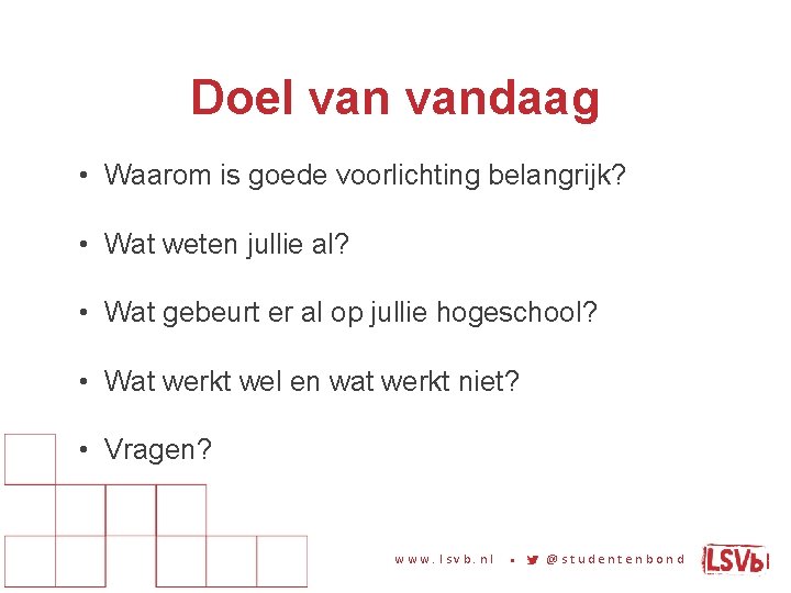 Doel vandaag • Waarom is goede voorlichting belangrijk? • Wat weten jullie al? •