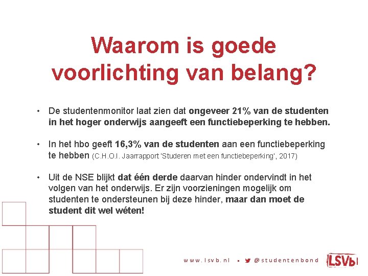 Waarom is goede voorlichting van belang? • De studentenmonitor laat zien dat ongeveer 21%