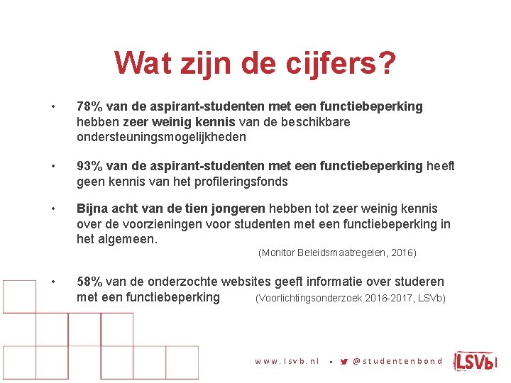 Wat zijn de cijfers? • 78% van de aspirant-studenten met een functiebeperking hebben zeer