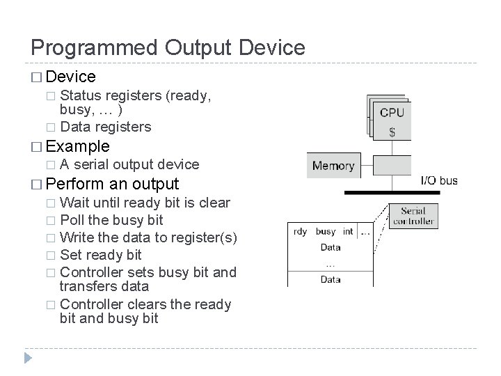 Programmed Output Device � Device Status registers (ready, busy, … ) � Data registers