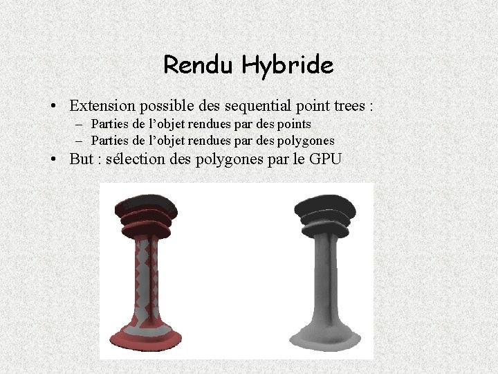 Rendu Hybride • Extension possible des sequential point trees : – Parties de l’objet