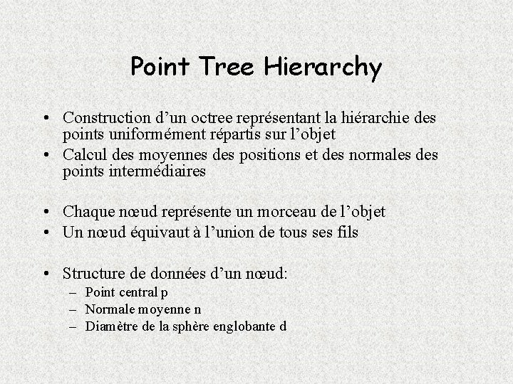 Point Tree Hierarchy • Construction d’un octree représentant la hiérarchie des points uniformément répartis