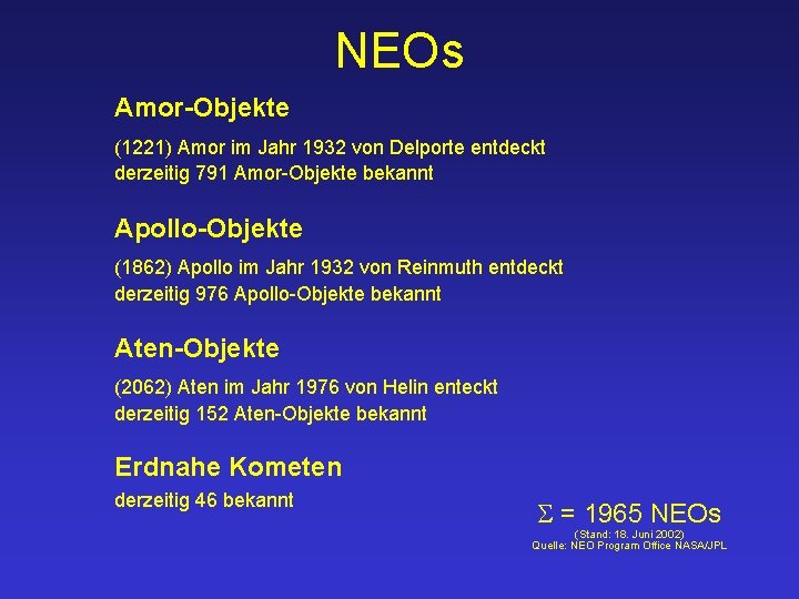 NEOs Amor-Objekte (1221) Amor im Jahr 1932 von Delporte entdeckt derzeitig 791 Amor-Objekte bekannt
