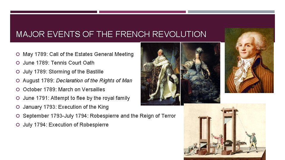 MAJOR EVENTS OF THE FRENCH REVOLUTION May 1789: Call of the Estates General Meeting