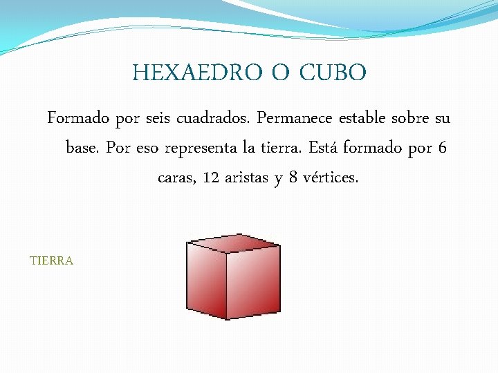 HEXAEDRO O CUBO Formado por seis cuadrados. Permanece estable sobre su base. Por eso